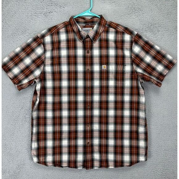 Carhartt Button Down Shirt Adult XL Brown White Tartan Plaid Relaxed Fit Mens